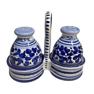 Vtg Deruta Italian Pottery Salt Pepper Shakers w/ Caddy Blue White Majolica